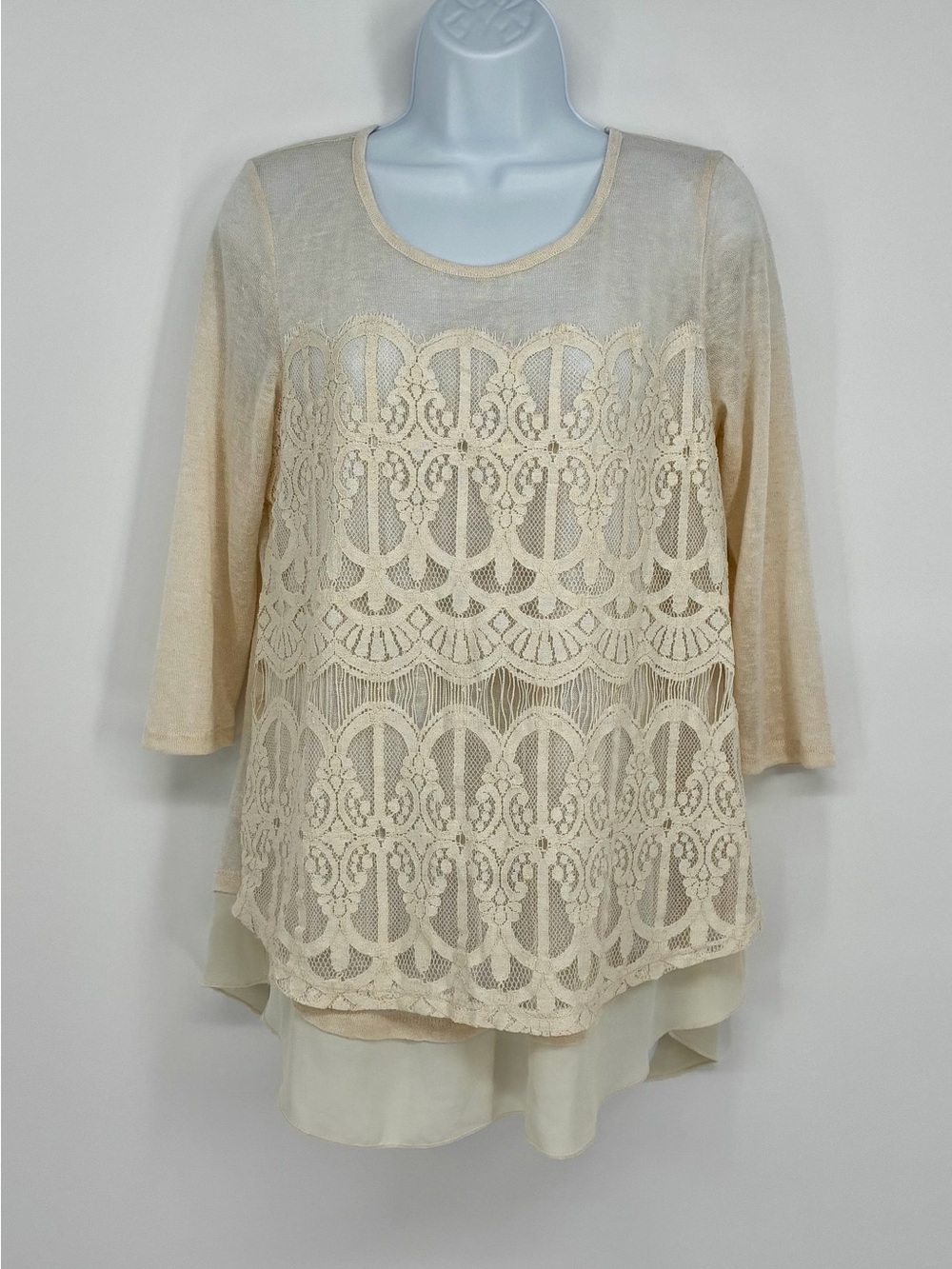 Maurices Cream Lace Overlay Tiered Chiffon Hem Boho Tunic Top M